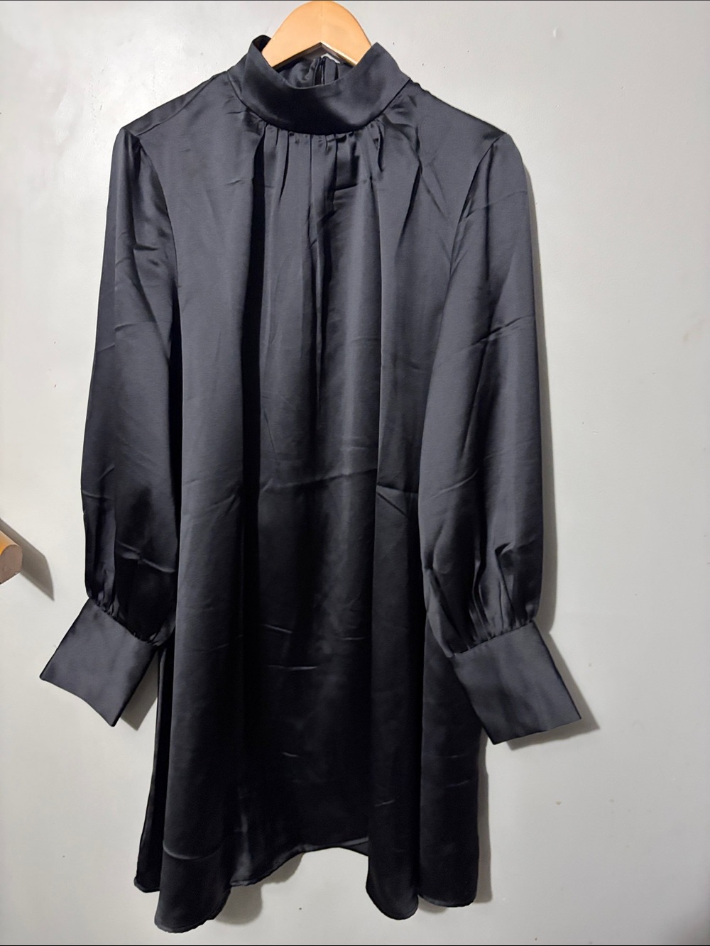 H&M Black High-Neck Long-Sleeve Satin Shift Dress